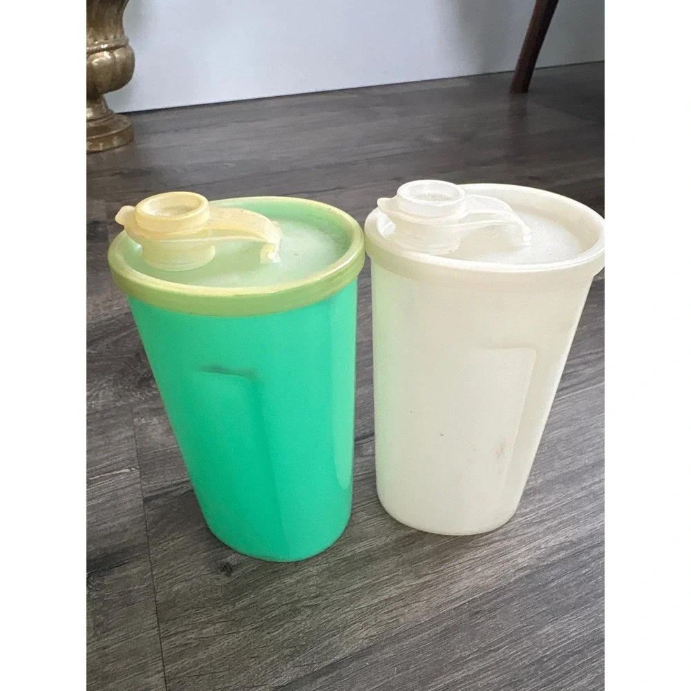 Vintage Tupperware Set of 2 Flip Top Shaker Pitchers Mint Green White 16oz